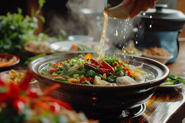 Resturaunt style Hotpot on a stove cooking food