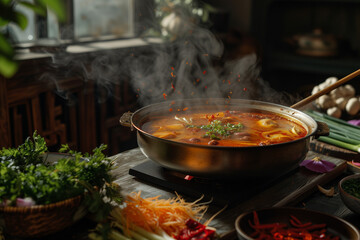 Resturaunt style Hotpot on a stove cooking food