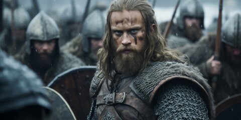 vikings. iron man, beards and battle. style of celtic art, norwegian nature, distinct facial features, authenticity. - obrazy, fototapety, plakaty