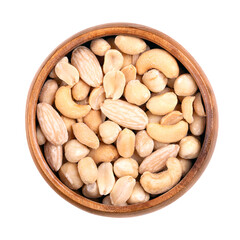 Mixed nuts, roasted and salted nut mix, in a wooden bowl. Snack food, consisting of peanuts, hazelnuts, cashews, and blanched almonds. Close-up, from above, isolated over white, macro food photo.