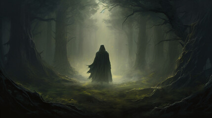 Dark cloak in mysterious forest wizard sorcerer illustrator - obrazy, fototapety, plakaty
