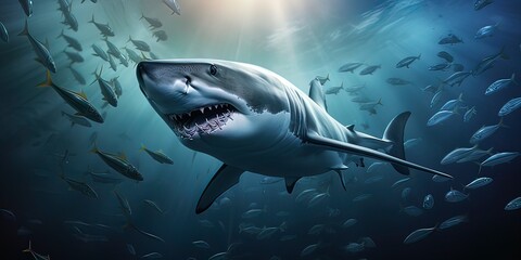 Fototapeta premium Great white shark swimming in the blue Pacific Ocean