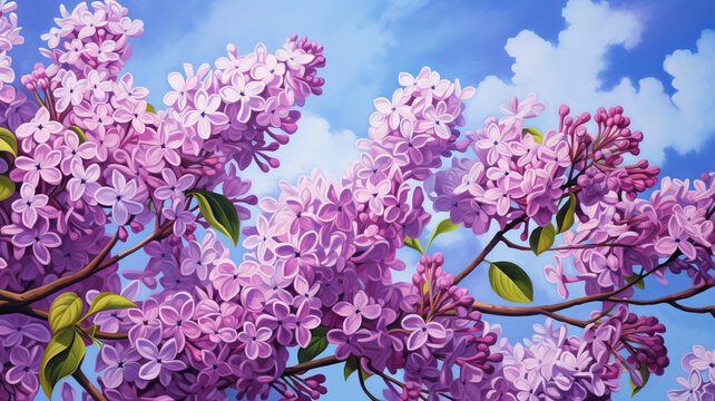 spring branch of blossoming lilacs against blue sky background 