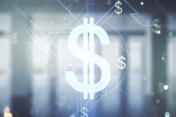 Double exposure of virtual USD symbols hologram on empty modern office background. Banking and investing concept