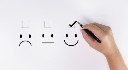 Satisfaction evaluation concept, hand makes like mark on face showing happiness.