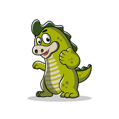 Cute Cartoon Green Dinosaur or Alligator Mascot Giving Thumbs Up, Vector Character Illustration