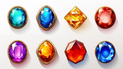 Set of fantasy colored  gems for games. Diamonds with different cuts, fantasy mystic style. Isolated jewels, diamonds gem set.  - obrazy, fototapety, plakaty