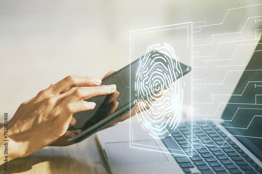 Poster double exposure of abstract creative fingerprint hologram with finger clicks on a digital tablet on 