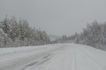 a road in a snowy winter forest after a snowfall