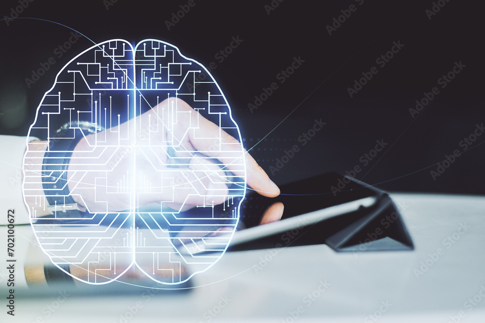 Poster double exposure of creative artificial intelligence symbol with finger clicks on a digital tablet on