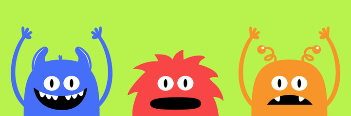 Happy Halloween. Three monster set. Colorful silhouette head face icon set line. Eyes, tooth fang, tongue, hands up. Cute cartoon kawaii scary funny baby character. Green background. Flat design.