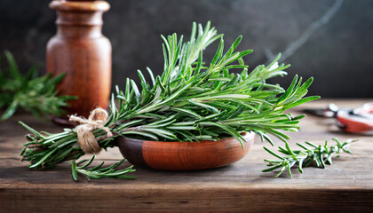 Fresh green aromatic rosemary on the wooden table, selective focus