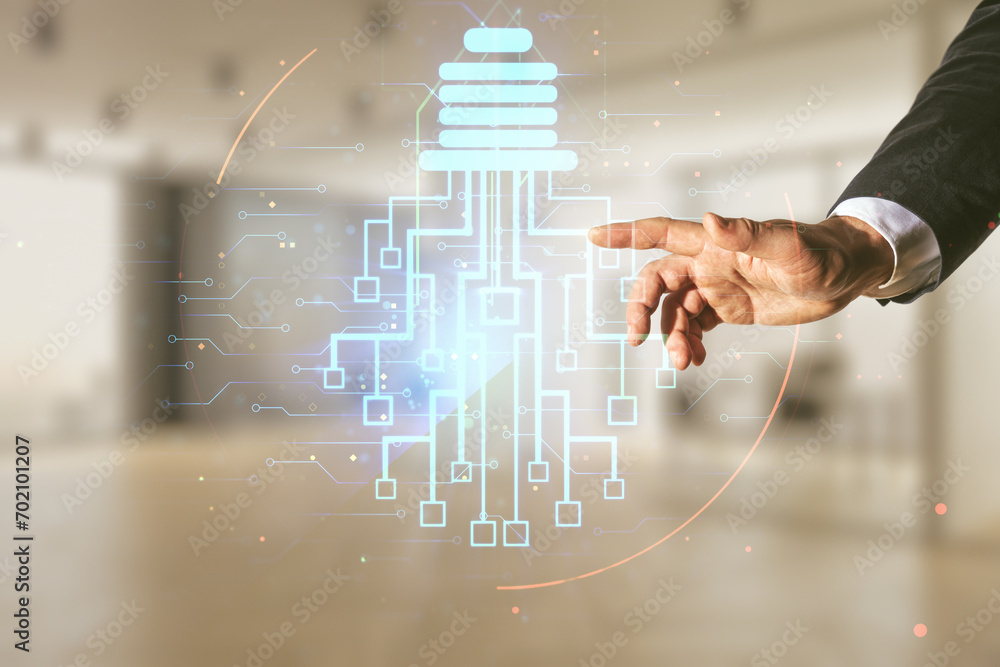 Aufkleber developer's hand clicks on virtual creative light bulb illustration with microcircuit on blurred off