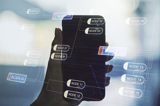 Abstract creative coding illustration and hand with mobile phone on background, software development concept. Multiexposure