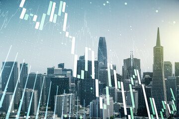 Double exposure of abstract creative financial chart hologram on San Francisco skyscrapers...