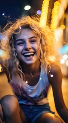 Fototapeta premium A joyful woman with blonde hair laughing outdoors. Generative AI.