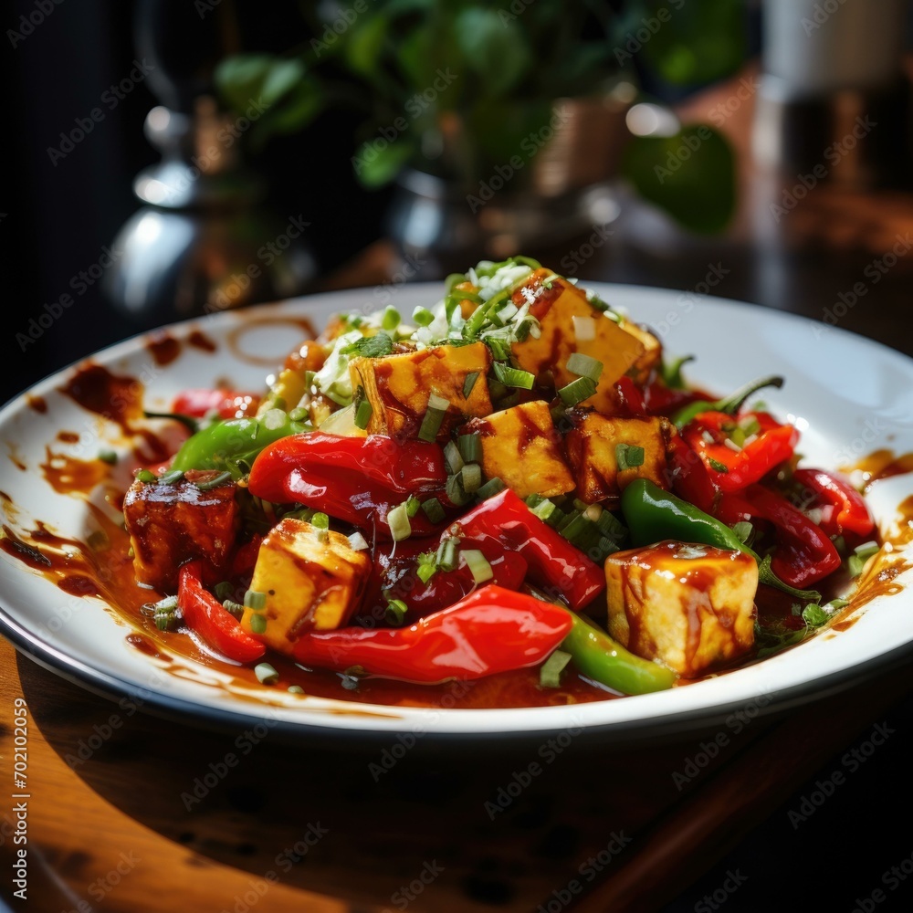 Poster a tantalizing plate of with creamy cubes of paneer, surrounded by colorful bell peppers and garnishe