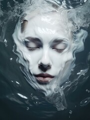 A serene underwater scene with a woman wearing a white face mask, creating a sense of tranquility and beauty. Generative AI.