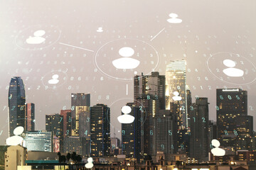 Double exposure of social network icons hologram on Los Angeles office buildings background. Networking concept