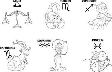 Outlined Funny Cartoon Horoscope Zodiac Sign. Vector Hand Drawn Collection Set Isolated On Transparent Background