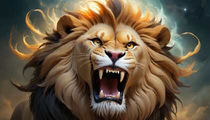 Fototapeta premium Fantasy Illustration of a wild animal lion. Digital art style wallpaper background.