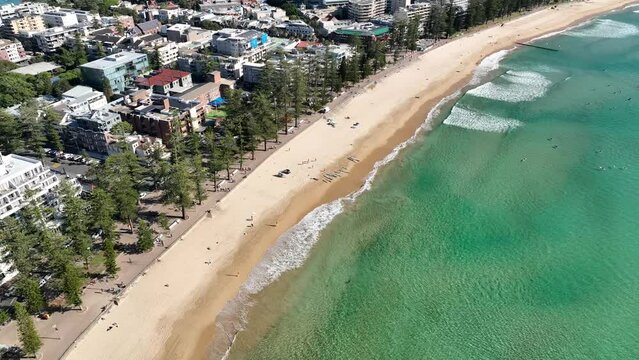 surfing surfers manly beach sydney australia aerial drone footage 4k turquoise waves