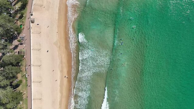 surfing surfers manly beach sydney australia aerial drone footage 4k turquoise waves