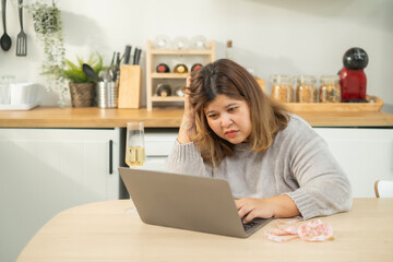 People, job, modern electronic gadgets and technologies. happy young overweight brunette woman...