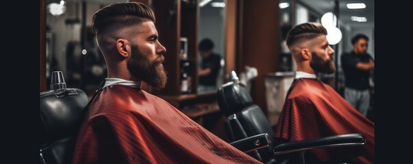 Fototapeta na wymiar Hipster customer sitting on the chair in barber shop