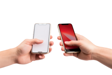 Hands from two smartphones online financial transactions Mobile payment using smartphone isolated on transparent background,png file