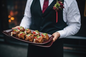 Waiter carrying tray with amazing meat dish. Catering service concept