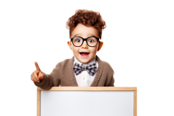 Funny little boy in glasses pointing up isolated on transparent background,png file