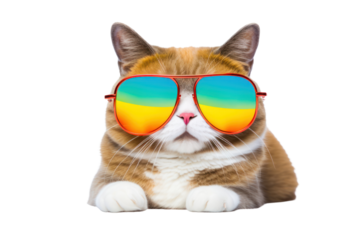 Funny colored fat cat wearing sunglasses isolated on transparent background,png file