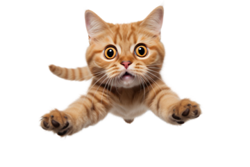 Funny flying cat jumps in the air looking at the camera. isolated on transparent background,png file