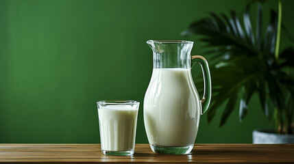 Jug of milk and a glass of milk. Generative AI