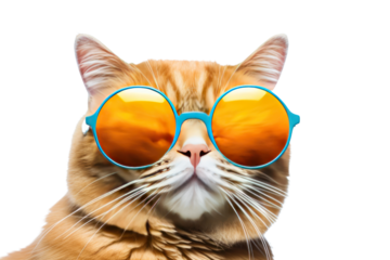 Funny fat cat wearing sunglasses isolated on transparent background,png file
