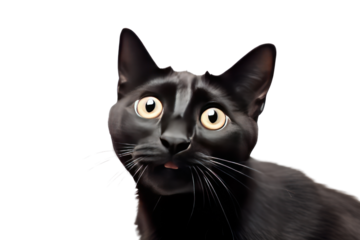 Funny black shorthair cat picture Looks surprised isolated on transparent background,png file