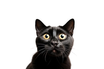 Funny black shorthair cat picture Looks surprised isolated on transparent background,png file
