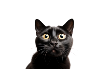 Funny black shorthair cat picture Looks surprised isolated on transparent background,png file
