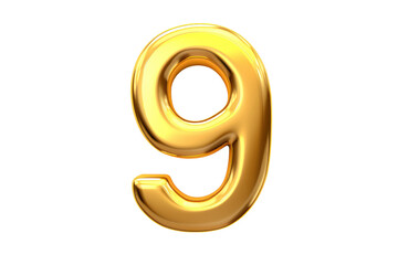Gold number 9. 3D rendering isolated on transparent background,png file