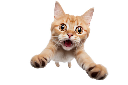 Funny flying cat jumps in the air looking at the camera. isolated on transparent background,png file