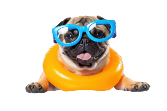 Funny dog wearing sunglasses and rubber ring with float on water isolated on transparent background. png file.