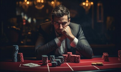 Naklejka premium A sad man sitting at a gambling table in casino.