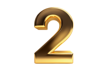Gold number 2. 3D rendering isolated on transparent background,png file