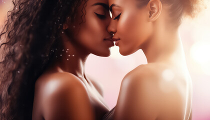 Two lesbians kissing in apartments, valentine's day concept - obrazy, fototapety, plakaty