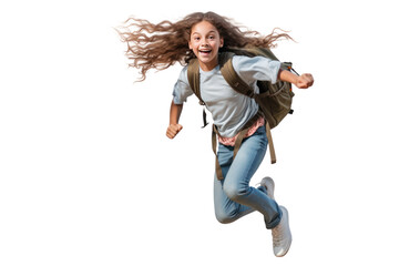 Coming back from school behind a girl with a backpack running happily. isolated on transparent background,png file