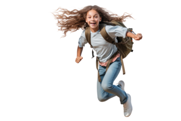 Coming back from school behind a girl with a backpack running happily. isolated on transparent background,png file