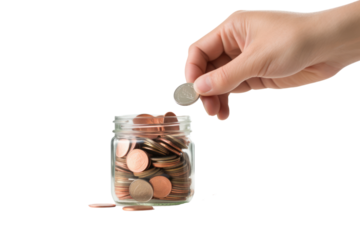 Closeup of a man's hand putting coins into a piggy bank.isolated on transparent background,png file