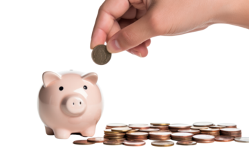 Closeup of a man's hand putting coins into a piggy bank.isolated on transparent background,png file
