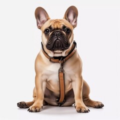 Fawn french bulldog sitting with leather leash ready for a walk with owner isolated on white isolated background, AI generator